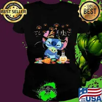 Happy halloween stitch hug baby yoda pumpkins s Ladies tee