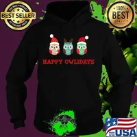 Happy Owlidays Happy Holidays Owl Hoot Owls Christmas Funny Pun Santa Hat Reindeer Antlers Forest Bird Nature Shirt Hoodie