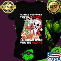 Merry christmas jack skellington he sees you when you're sleeping he knows when you're awake s Ladies tee