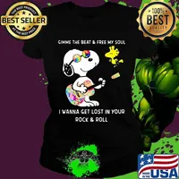 Snoopy and woodstock gimme the beat and free my soul i wanna get lost in your rock and roll shirt riding car 09 09 mk vintage s Ladies tee