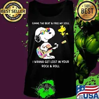 Snoopy and woodstock gimme the beat and free my soul i wanna get lost in your rock and roll shirt riding car 09 09 mk vintage s Tank top