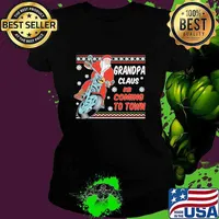 Grandpa Claus Is Coming To Town Riding Motorbike Merry Christmas Shirt Ladies tee