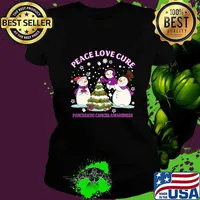 Peace Love Cure Pancreatic Cancer Awareness Snowman Christmas Shirt Ladies tee