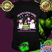Peace Love Cure Pancreatic Cancer Awareness Snowman Christmas Shirt