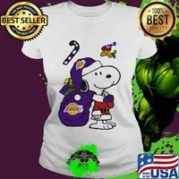 Snoopy And Woodstock Football Los Angeles Laker Santa Claus Xmas Shirt Ladies tee