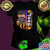 Jeep Wearing Sunflower Bandana Wheel Print American Flag Ladies tee