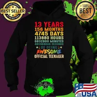 13 Years Old 156 Months 4745 Days 113880 Hours 6832800 Minutes 409968000 Seconds Of Being Awesome Official Teenager Shirt Hoodie