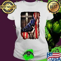 God Jesus Christ Proud USA Flag Cross Behind American T-Shirt Ladies tee