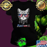 Merica Cat 4th of July Meowica Men USA American Flag T-Shirt Ladies tee
