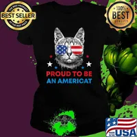 Proud To Be An Americat American Cat Patriotic 4th of July Sunglasses AMerican Flag T-Shirt Ladies tee