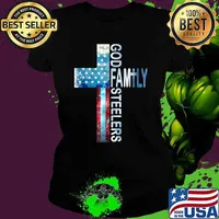 God Family Steeler Faith Cross American Flag T-Shirt Ladies tee