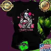 July Girl Fairy Sugar Skull Breast Cancer Butterfly Pink Shirt Ladies tee
