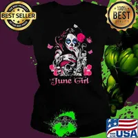 June Girl Fairy Sugar Skull Breast Cancer Butterfly Pink Shirt Ladies tee