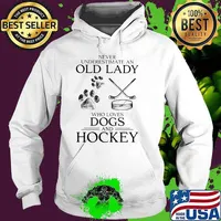Never Underestimate An Old Lady Who Loves Dogs And Hockey Shirt Hoodie