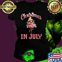 Womens Pink Flamingo in Santa Hat Christmas In July Girl Shirt Ladies tee