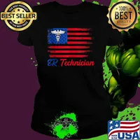 ER Technician Emergency Room Logo emt Usa Flag T-Shirt Ladies tee