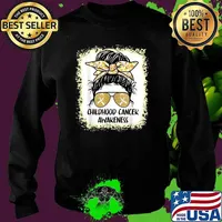 Childhood Cancer Awareness Floral Gold Ribbon Messy Bun T-Shirt Sweater