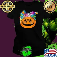 Cute Pumpkin Leopard Tie Dye Glasses Halloween Holiday Girls Shirt Ladies tee