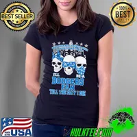 Whether hell freezes over or pigs learn to fly ill be a dodgers fan till the day i die skull with LA dodgers logo in mask and ribbon s Ladies Tee