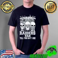 Whether hell freezes over or pigs learn to fly ill be a raiders fan till the day i die skull with raiders logo in mask and ribbon s Unisex
