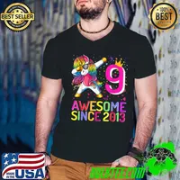 9 Years Old Unicorn Dabbing 9th Birthday Girl Unicorn Party T Shirt Guys V Neck