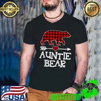 Auntie Bear Christmas Pajama Red Plaid Buffalo Family T Shirt Guys V Neck