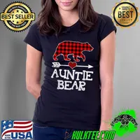 Auntie Bear Christmas Pajama Red Plaid Buffalo Family T Shirt Ladies Tee