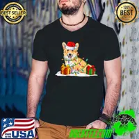 Corgi Santa Christmas Tree Lights Xmas Pajama Pet Dogs T Shirt Guys V Neck