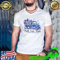 Faith Love Fight Gray Blue Ribbon Truck Diabetes Awareness T-Shirt Guys V Neck
