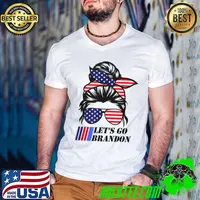 Let's Go Brandon Sunglasses Messy Hair Anti Liberal US Flag T-Shirt Guys V Neck