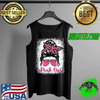 Best Bleached Pink Out Football Mom Messy Bun Pink Breast Cancer T Shirt Tank Top