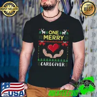 Funny One Merry Caregiver Nurse Ugly Christmas Sweater T- Guys V Neck