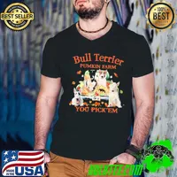 Funny The Dogs Bull Terrier Pumkin Farm You Pick Em Halloween Shirt Guys V Neck