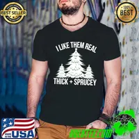 I Like Them Real Thick and Sprucey Funny Christmas Tree Xmas T-s Guys V Neck