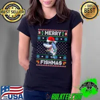 Merry Fishmas Funny Santa Shark Fishing Lover Ugly Christmas T- Ladies Tee