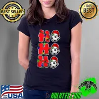 Official Ho Ho Ho Funny Soccer Lights Santa Hat Christmas Holiday T Shirt Ladies Tee