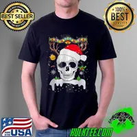 Top Skull Reindeer Christmas Skulls Santa Hat Reindeer T Shirt Unisex
