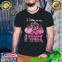 Funny In October We Wear Pink Ribbon Leopard Pumpkin Breast Cancer T Shirt Guys V Neck