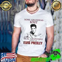 Hot Some Grandmas Knit Real Grandmas Listen To Elvis Presley Signature Shirt Guys V Neck