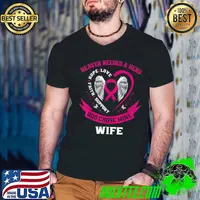 Mens Cute Pink Wife Breast Cancer Memorial Sayings Heart Wings T Shirt Guys V Neck