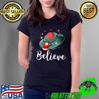 Official Funny Christmas Alien UFO Santa Claus Abduction Xmas Believe T-Shirt Ladies Tee