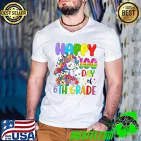 Unicorn Happy 100th Day Of 6th Grade For Kids Boys Girls T-Shirt Guys V Neck
