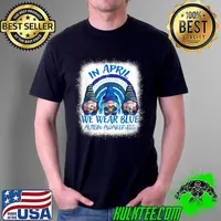 In April We Wear Blue 3 Gnomes Rainbow Autism Bleached T-Shirt Unisex