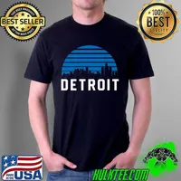 Vintage Detroit Michigan Cityscape Retro Blue Graphic Premium T-Shirt Unisex