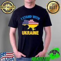 I Stand With Ukraine Map American Flag US Support Ukrainian T- Unisex