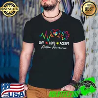 Live Love Accept Puzzle Heartbeat & Heart Autism Awareness T-Shirt Guys V Neck
