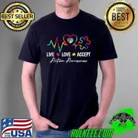 Live Love Accept Puzzle Heartbeat & Heart Autism Awareness T-Shirt Unisex