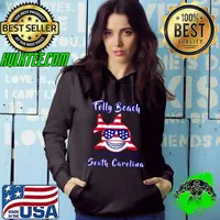 Patriotic Shark July 4th American Flag USA Folly Beach T- Hoodie
