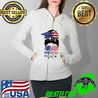All American Girls 4th of July Shirt Daughter Messy Bun USA T-Shirt Full Zip Hooded
