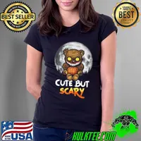 Cute But Scary Horror Zombie Teddy Bear Pumpkin Moon Halloween T-Shirt Ladies Tee